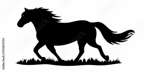 Elegant black horse silhouette running free through grassy fields, a symbol of power, grace, and natural beauty for equestrian designs and wild spirit projects
