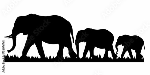 Elegant silhouette of an elephant family walking together, symbolizing unity, protection, and the strength of familial bonds in the African savanna