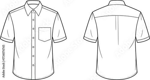 Short sleeve button up shirt, technical flat sketch, fashion design template, apparel construction drawing, clothing vector illustration, garment manufacturing blueprint, sewing pattern