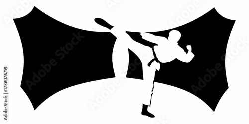 Dynamic martial arts athlete delivering a powerful high kick, a striking silhouette symbolizing strength, discipline, and competitive spirit.