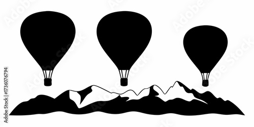 Dramatic hot air balloons soar above majestic mountain peaks, perfect for travel adventures, inspiring dreams, and stunning landscapes, originally a scalable graphic
