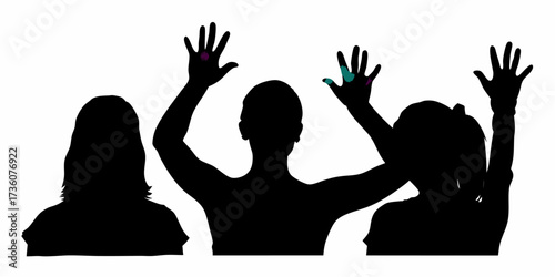 Diverse people raising hands, one with a brain symbol for ideas, another with colorful designs for creativity and engagement.