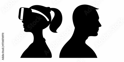 Dynamic black silhouette of a woman experiencing virtual reality while a man faces away, highlighting tech and human connection