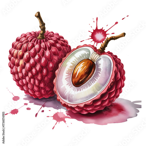 Watercolor illustration of freshly cut and whole lychee fruits with detailed textures