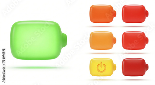 A full set of rounded, pillowy 3D battery icons. The full battery glows with a soft