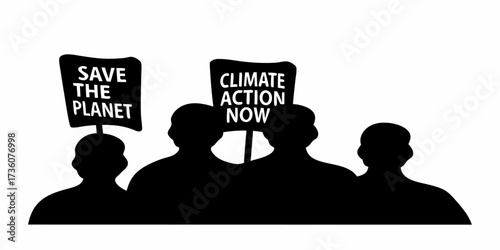 United silhouettes demanding urgent climate action and planetary preservation, holding powerful protest signs for a sustainable future.