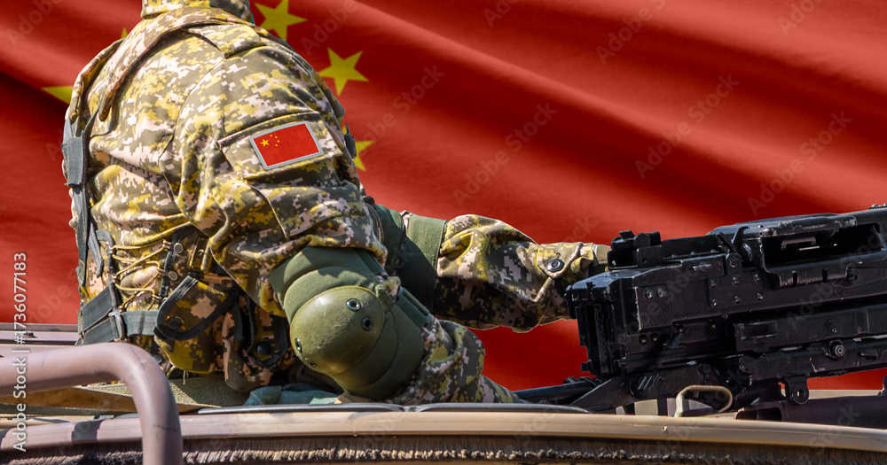 Fototapeta premium China flag with soldier at machinegun turret