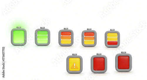 A full set of rounded, pillowy 3D battery icons. The full battery glows with a soft