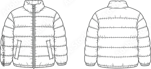 Puffer jacket flat sketch, quilted winter coat illustration, fashion design template, outerwear technical drawing, padded jacket blueprint, apparel construction vector, clothing design