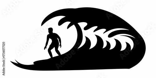 A powerful silhouette of a surfer expertly riding a massive ocean wave, capturing extreme sport and beach lifestyle energy.