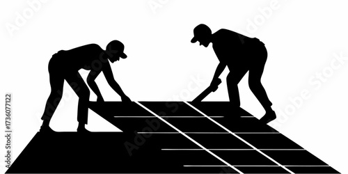 Dedicated workers diligently install solar panels on a roof, representing sustainable energy solutions and modern property development.