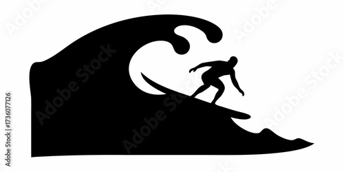 Dynamic black silhouette of a surfer expertly riding a powerful ocean wave, capturing the thrill and energy of water sports and summer adventure.