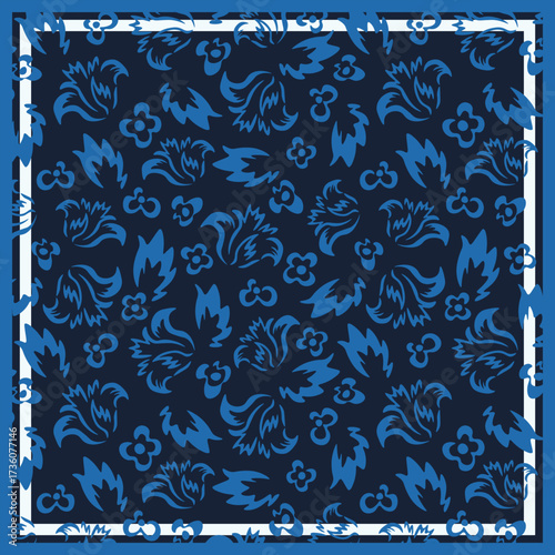 Print for kerchief, bandana, scarf, handkerchief, shawl, neck scarf. Squared pattern with ornament for fabric, textile, silk products. Paisley vector with abstract flowers. Floral folk tracery.
