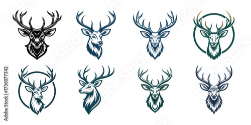 A minimalist deer iconic logo design Black and white illustration, deer head silhouette, majestic antlers, minimalist design, elegant profile, stylized wildlife art, sharp contrast, vector graphic,	
