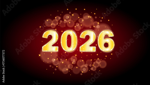 2026 new year celebration with glowing bubbles and sparkles on red background