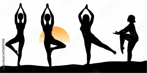 Elegant female silhouettes in various yoga poses promote balance, tranquility, and holistic wellness for mindful living