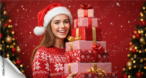 Happy Woman with Holiday Presents and Santa Hat for Christmas Shopping Promotion