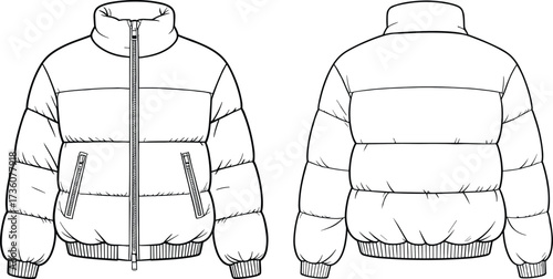 Puffer jacket flat sketch, quilted winter coat illustration, fashion design template, outerwear technical drawing, padded jacket blueprint, apparel construction vector, clothing design