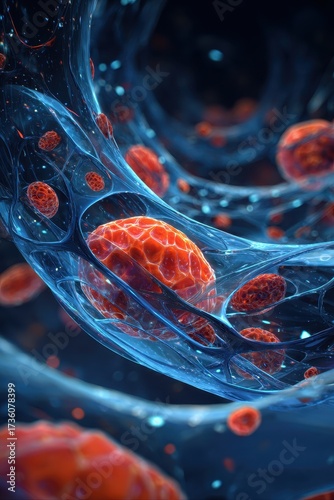 Abstract Microscopic View - Red Blood Cells Flowing Through Vein-like Structure.