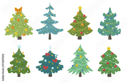 Set of Christmas trees decorated with garlands, bows, Christmas tree decorations, bells, snowflakes, candles and stars. Traditional festive evergreen or faux spruces. Symbol of xmas and New Year