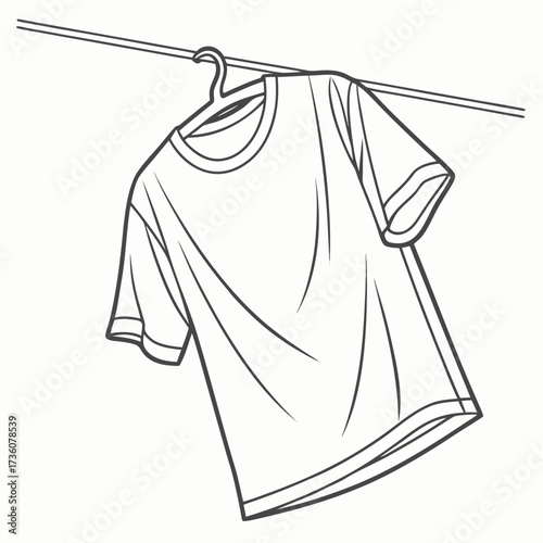 Simple black and white line drawing of a plain t shirt hanging on a clothes hanger on a clothesline