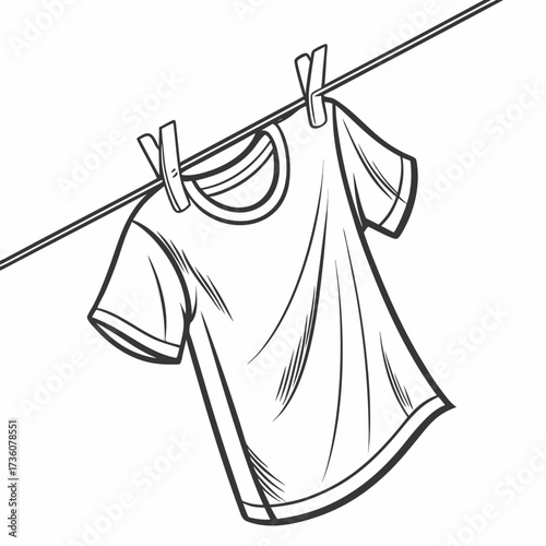 Simple line drawing of a t shirt drying on a clothesline held by clothespins against a white background