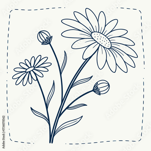 Simple outline drawing of blooming daisies and buds with dashed border on a cream background