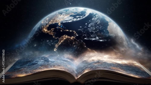 A celestial Earth emerges from an open book in a star-filled void. The night side glows with city lights