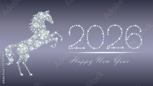 Sparkling diamond horse and 2026 new year greeting on elegant background