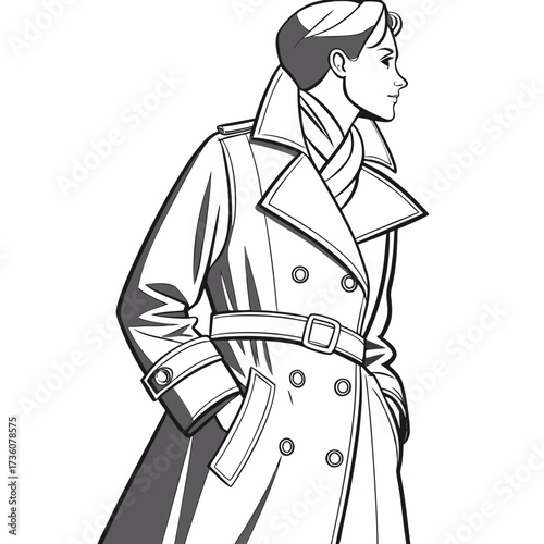 Stylish woman in a classic double breasted trench coat and scarf looking confidently to the side in a black and white illustration