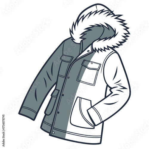 Stylized illustration of a warm winter parka jacket with a fur trimmed hood and multiple pockets