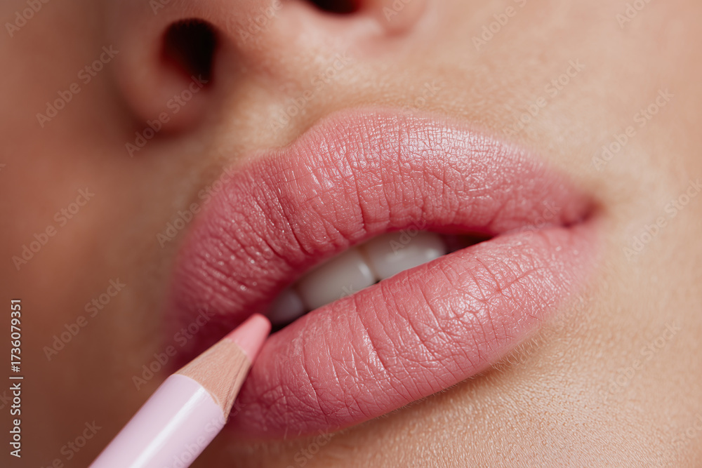 Naklejka premium The Art of the Lip: An intimate close-up captures the delicate process of enhancing and defining the luscious lips with a soft pink lip liner, embodying the essence of beauty and self-expression.