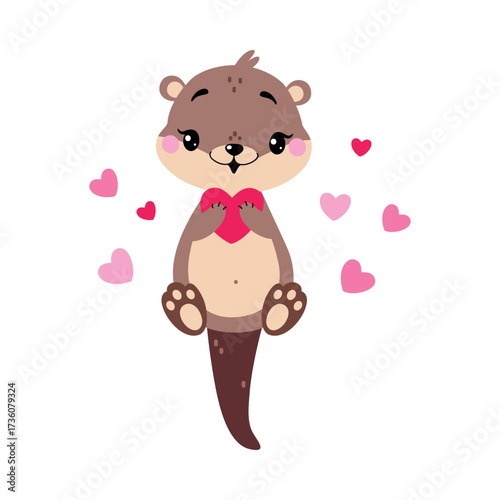 Cute Otter Animal Character with Pink Heart Vector Illustration