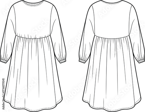 Long sleeve dress flat sketch, fashion technical illustration, front and back view, gathered waistline, puff sleeve design, flared skirt apparel reference