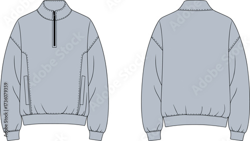 Pullover sweatshirt flat sketch, fashion technical illustration, front and back view, high collar zipper design, ribbed cuffs hem, apparel garment reference