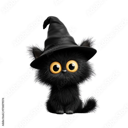 Fluffy black halloween cat in witch hat