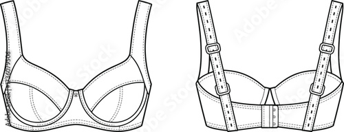 Bra technical flat sketch, lingerie fashion illustration, front and back view, underwire cup design, adjustable straps, hook closure, apparel garment reference