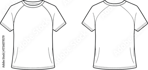 T shirt flat sketch, short sleeve raglan design, fashion technical illustration, front and back view, apparel drawing, garment construction, clothing reference