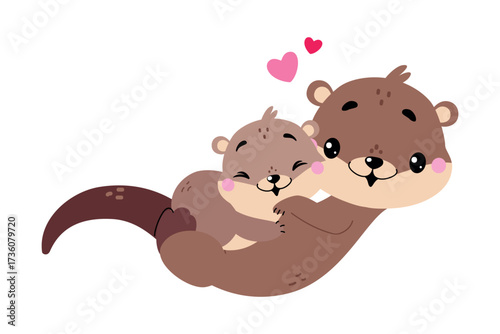 Cute Otter Animal Character with Baby Vector Illustration