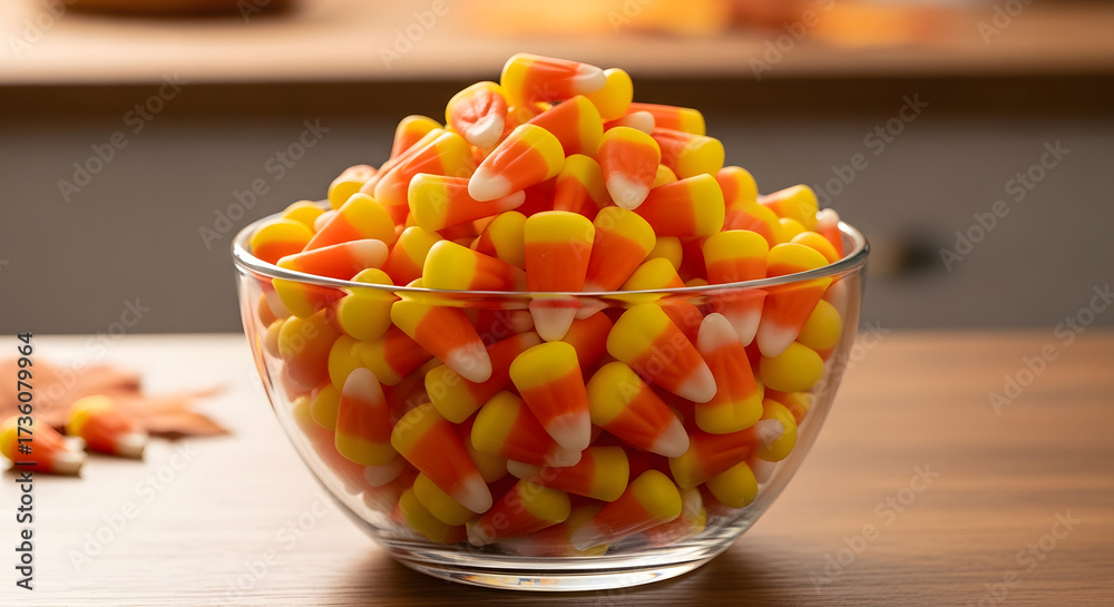 Naklejka premium Glass bowl filled with candy corn (traditional American sweets), soft light reflecting orange, yellow and white colors, playful and welcoming setting.