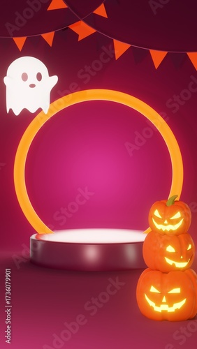 Vertical 3D Halloween podium mockup advertisement backgrounds carved pumpkins Jack O’Lantern glowing gleam flicker spooky ghost flying render picture banner flags party sale festival cartoon poster