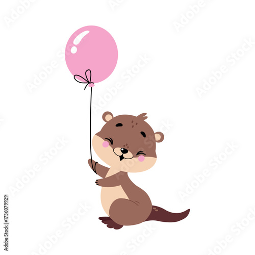 Cute Otter Animal Character with Pink Balloon Vector Illustration