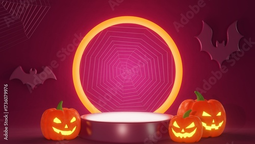 Horizontal 3D Halloween podium mockup advertisement backgrounds carved pumpkins Jack O’Lantern glowing light flicker spooky bats fly spider web render picture banner party sale festival cartoon poster