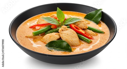 輝く白い背景で美しく彩られた食欲をそそる本格的なタイ風レッドカレー濃厚なココナッツミルクが鶏肉と新鮮な野菜を優しく包み込む温かい一皿です赤唐辛子と青々としたバジルが鮮烈なコントラストを生み出し香りと共に五感を刺激します. AI Generated