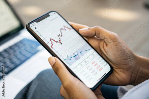 Hands Holding Smartphone Displaying Live Financial Market Chart and Stock Investment Data with Laptop in Background