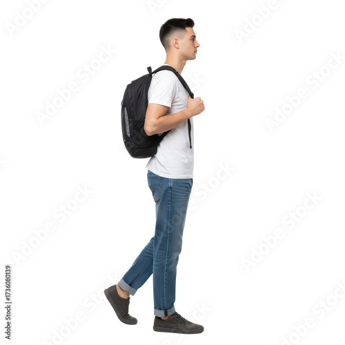 Full body image of a young man walking with a backpack against an isolated setting