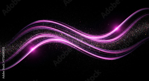 Luxurious pink and magenta light waves with sparkling glitter particles flowing in a dynamic, elegant stream on a black background. Abstract futuristic design for celebrations or technology.