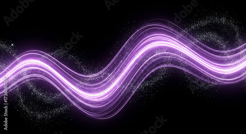 Abstract background with a flowing purple neon light wave and sparkling particles. A dynamic and magical representation of energy, technology, or data on a black background.