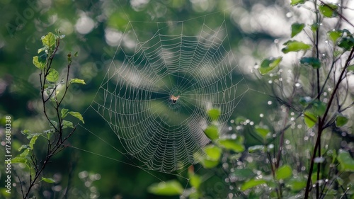 Wallpaper Mural Delicate spiderweb in the forest canopy, glistening with morning dew. Torontodigital.ca