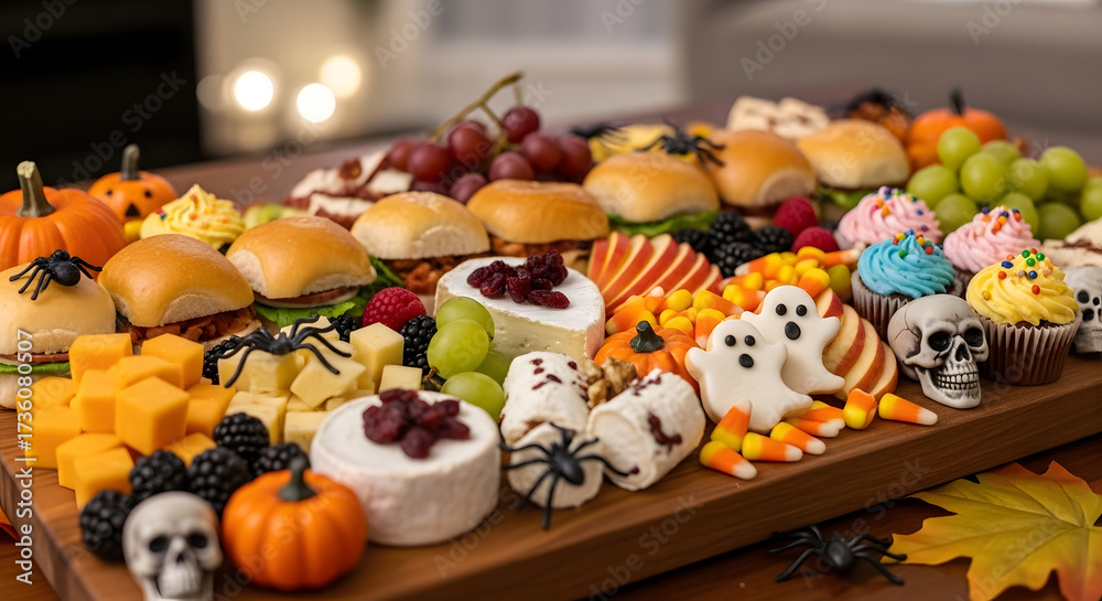 Naklejka premium Wooden board with mini sandwiches, cheeses, fruits and colorful sweets, decorated with small pumpkins and Halloween elements, soft lighting creating a cozy and family atmosphere.